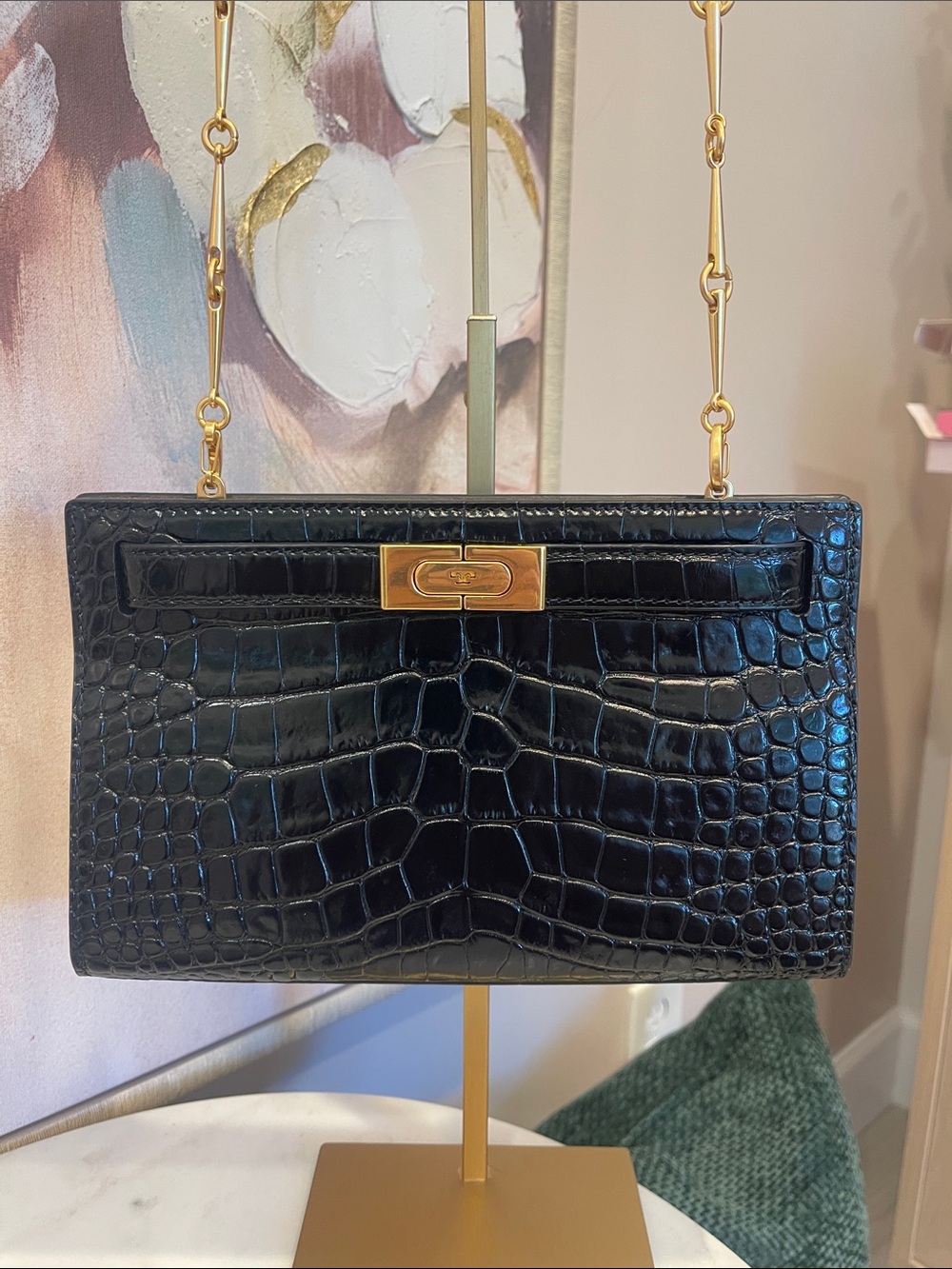 Tory Burch Lee Radziwill Black Croc-Embossed Leather Petite Bag